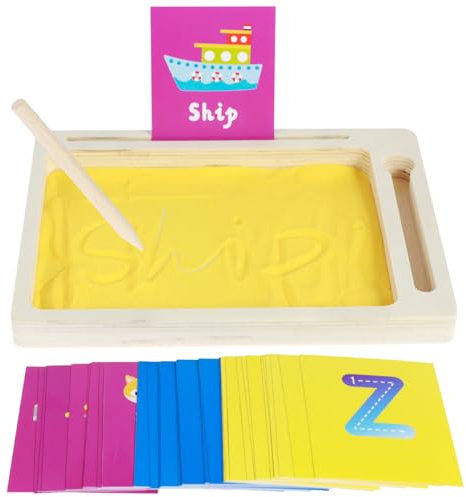 Montessori Sand Tray for Kids, Wooden Sand Scraping Tray Box with Pen Cards for Writing Letters and Numbers, Educational Kid Toys for Classroom Letter Tracing, Drawing (set 1)