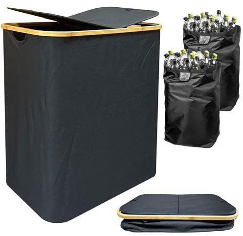 Contenedor recogebotellas 2 compartimentos, Contenedor recogebotellas 150L con tapa, Almacenamiento de botellas, Contenedor plegable,Recolector de botellas para cocina y trastero separador de residuos