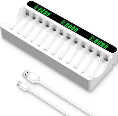 IMREN Chargeur de Piles Rechargeables, 12 Slots de Charge Indépendants avec écran LCD, 5V 2A Type-C et Entrée Micro USB, pour Batterie Rechargeable NiMH/NiCD AA AAA