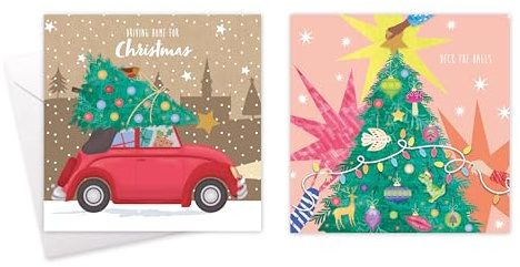 Tallon Pack of 10 Assorted Christmas Cards Christmas Car and Tree Theme, 2 Designs, Gold Foil Finish, Eco Friendly Packaging 100% Recyclable, 14cm x 14cm