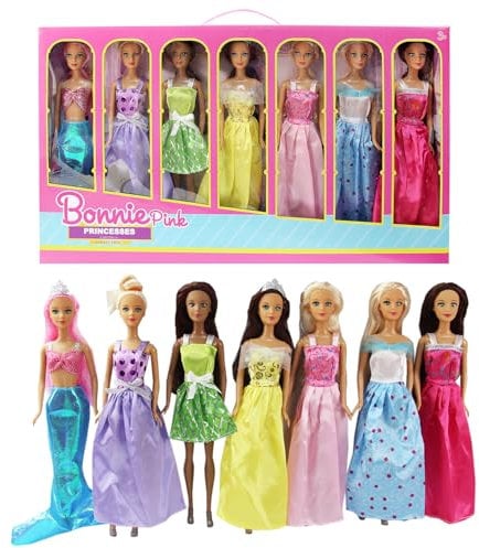 Pack of 5 or 7 Doll Gift Set – 11.5 inch Princess, Fashion, and Mermaid Dolls with Removable Outfits, Shoes and Hair Accessories - Dolls for Girls, Kids, Toddlers Birthday & Christmas (Pack of 7)