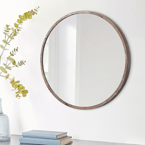 JJUUYOU Specchio rotondo da parete per il bagno, per il trucco, da appendere, per soggiorno, camera da letto, ingresso, dormitorio, marrone