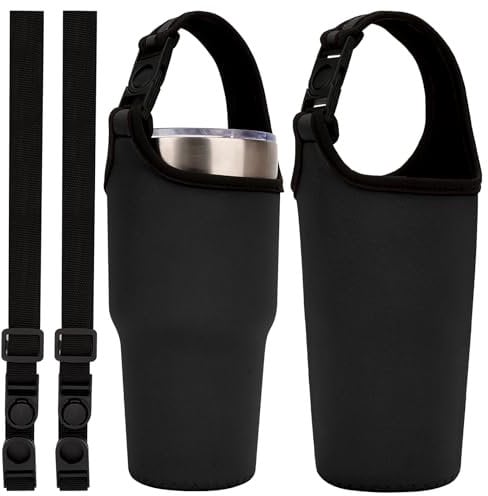 Linkidea 2 Pack Neoprene Tumbler Carrier with Strap Compatible with YETI Rambler Tumbler 30oz, Greens Steel Beast Tumbler 30oz, Waterbottle Sling Bag Holder with Shoulder Strap (Black)