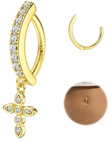 Morfetto Bauchnabelpiercing Gold Chirurgenstahl - Bauchnabelpiercing Ring Zirkonia Perle Bauchnabel Piercing Mit Anhänger Clicker Dangle Bauchnabel Piercing Schmuck 14G Golden-Kreuz