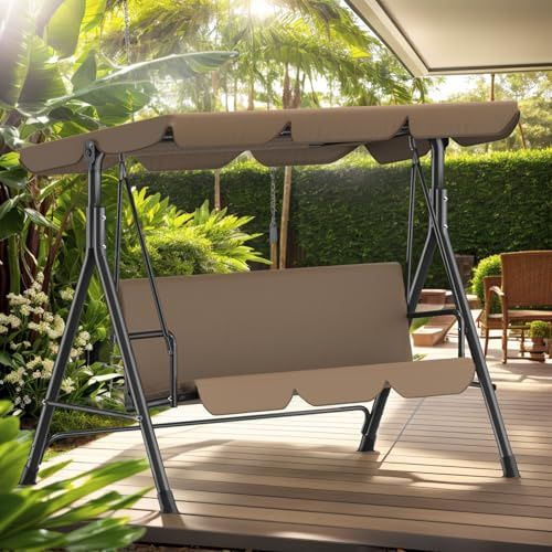 Hollywoodschaukel 3-Sitzer Gartenschaukel mit Verstellbarem Sonnendach, Sitzpolster & Stahlgestell, 175x110x152cm, Schaukelbank für Garten & Terrasse, Bis 200 kg Belastbar, Outdoor Geeignet, Braun