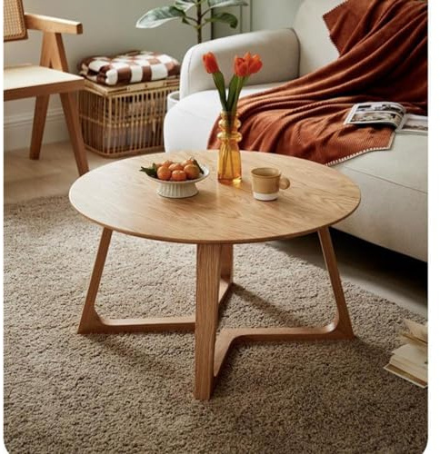Table basse ronde en bois massif – 100 % bois naturel avec pieds arqués, design rond moderne pour les petits espaces, parfaite pour le salon et le bureau
