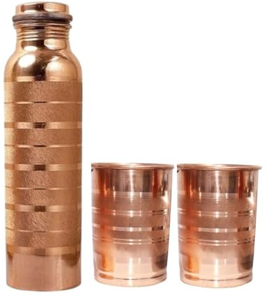 BRACOP® Pure Copper Water Bottle with 2 Pcs Embossed Glass Drinking Flask Water Carafe Leakproof Ayurvedic Sports Bottle For Home, Office, Travel Handcrafted Copper Mug Goblet Serving Utensil