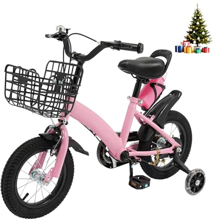 HUOMMGS 12 Zoll Kinderfahrrad HöHenverstellbar Kinder Fahrrad für 2-5 Jahre Upgraded Kinders Trainingsfahrrad mit Stützrädern, Korb & Wasserflasche Mädchenfahrrad Jungenfahrrad (Rosa)