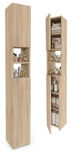 CraftPAK Badezimmerschrank 24 cm Breit, Badschrank, Hochschrank 7 Fächer Verstellbar 2 Türen Badezimmermöbel Badmöbel Schmal Holz Braun