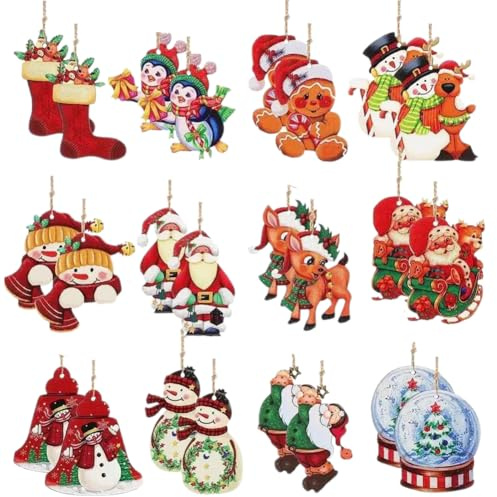 Danbghyuo Natale Ciondolo in Legno, 24 Pezzi Dereine Natalizia Legno Appeso Ornamenti, Addobbi Ornamenti con Corde Ciondoli Decorazioni Albero di Natale, per Albero Fai da Te Bianco Rosso (B)