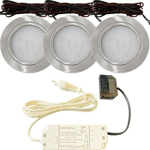 LED Möbel Einbauspots 12V 2,4W – 3er Set Edelstahl-Optik | inkl. Plug-&-Play Trafo, AMP-Verteiler & 230V Zuleitung mit Netzstecker | Neutralweiß 4000K – ultraflach für Schrank, Möbel, Regal & Vitrine