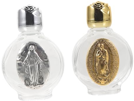 Uonlytech Lot De 2 Bouteilles d'eau Bénite Catholique en Verre Décoratives Relief, Contenant 100 ML, Rechargeables, pour Bénédictions Et Communion, Accessoires Religieux Portables