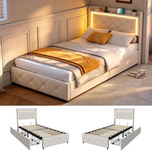 BRILVERDE Einzelbett 90x200 mit Stauraum, Polsterbett mit LED/USB, Bettgestell mit Lattenrost und kopfteil, Bettrahmen für Jugendliche, Samt (Beige, 90 x 200 cm)