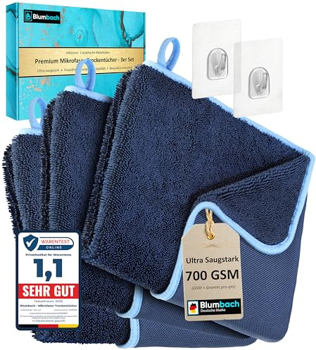 BLUMBACH Ultra Wipes Trockentücher 3-Set 700 GSM 40x60cm Trockentuch Dusche | Extrem saugstarkes Trocknungstuch Auto, Trockentuch Auto, Ultra Wipes Trockentücher, Putztuch Bad & Auto | Deutsche Marke