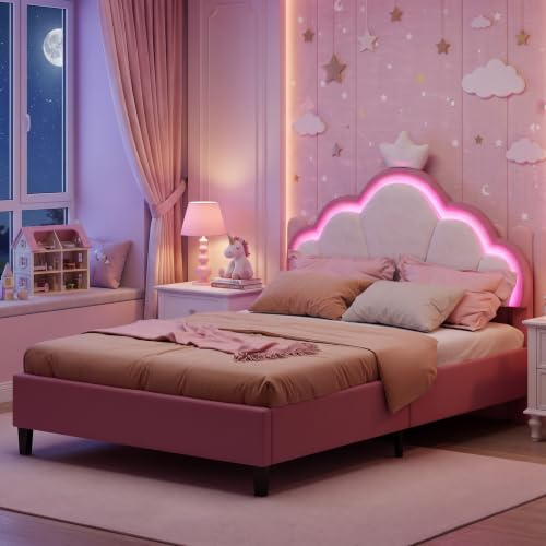 JYCRA Prinzessinnenbett 140 x 200, Kinderbett, Mädchenbett mit Krone, Lattenrost, Kopfteil & LED, verstellbar Design Prinzessinnen-Krone, aus rosa Samt (ohne Matratze) (Rosa A, 140x200 cm)