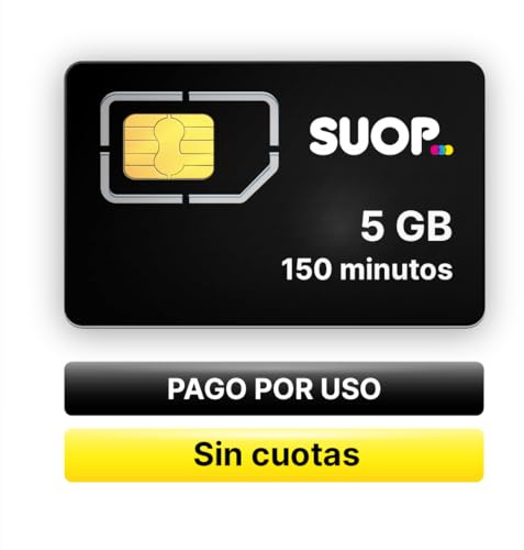 Tarjeta SIM Prepago SUOP | 5 GB y 150 Min. | 30 días | Sin Cuenta bancaria | Sin cuotas fijas ni permanencia, cobertura 5G, PIN desactivado, ideal para móvil, reloj inteligente de niños, GPS y alarmas
