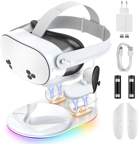 GEEKERA Magnetische Ladestation Kompatibel mit Meta Quest 3S: Inklusive 2 wiederaufladbaren Akkus & 18W Netzteil, RGB-Beleuchtung, Ladeständer für VR-Headset & Controller, VR-Zubehör für Gamer