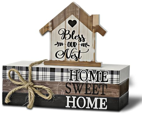 4-teiliges Deko Haus Holz Set, Holz Decorative Books mit Home Sweet Home, Deko Bücher mit Dekorativer Juteschnur, Fake Bücher, Vielseitige Dekobücher, Table Book für Regal und Tisch