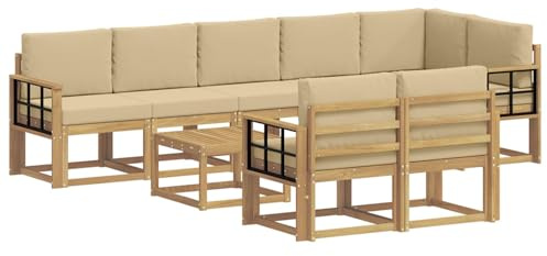 vidaXL Outdoor-Sofagarnitur mit Kissen 9 pcs Weiß und Beige Polyester, Stylisches Außensofa, wetterfestes Set, Bequeme Sitzgelegenheit für den Garten, Akazienholz Möbel