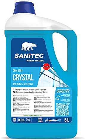 Sanitec, Crystal Anti Alone, Detergente Multiuso Profumato, Soluzione Ideale per Detergere e Rendere Brillanti Vetri e Specchi e superfici Senza Lasciare Aloni, 100% Made in Italy, Tanica da 5 Litri