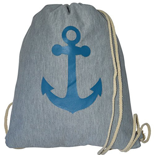Turnbeutel Maritim Rucksack Beuteltasche mit Kordel Anker Streifen Muster Sportbeutel Gymsack Tasche einfarbig (Uni grau-blau)