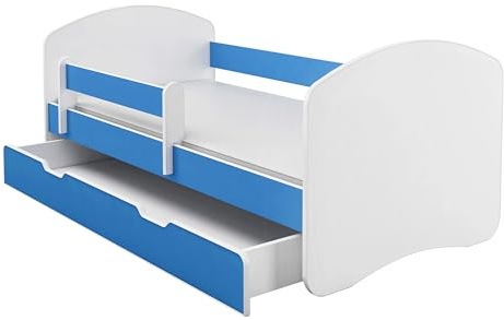 ACMA Kinderbett 140x70 cm Blau mit Matratze und Lattenrost - Juniorbett mit Rausfallschutz, Belastbar bis 120 kg,Variante mit Schublade