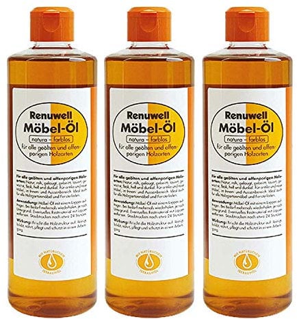 Renuwell Möbel-Öl Leinöl-Firnis, 3x 500 ml – Natürliches Pflegeöl für Holz mit Leinöl und Teebaumöl, farblos, Schutz für geölte und unbehandelte Holzoberflächen, Schweizer Qualität