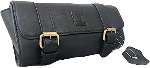 The Vintage Stuff Motorcycle Tool Bag Genuine Leather Motorcycle Fork Bag Saddlebags Handlebar Bag Sissy Bar Storage Tool Bag for Honda Kawasaki Suzuki Yamaha Sportster (Black-1)