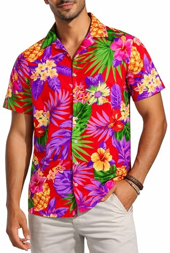 King Kameha Camisa Hawaiana para Hombre de Manga Corta, Camisa Aloha de Verano con Estampado de piña, Ligera y fácil de cuidar