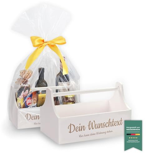 LAUBLUST Geschenkkorb aus Holz leer Personalisiert - Präsentkorb mit Wunsch-Gravur zum Befüllen als Geschenk Korb für Weihnachten Silvester - 34x18x20 cm | Werkzeugkiste Weiß, FSC® | Männerhandtasche