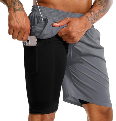 TENJOY Herren 2 in 1 Laufshorts 17,8 cm Schnell trocknende Fitness-Sport-Workout-Shorts mit Handytasche Dunkelgrau L