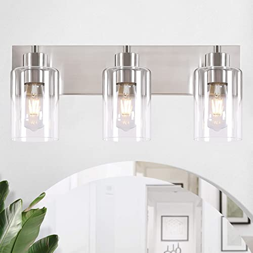Chosenior Brushed Nickel Bathroom Vanity Lights 3-Light, Clear Glass Shade