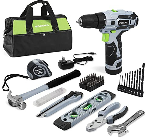 WORKPRO 12V Cordless Drill Driver and Home Tool Kit, Hand Tool Set for DIY, Home Maintenance, 14-inch Storage Bag Included