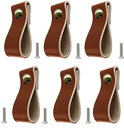 Zasvec Möbelgriffe 6 Stück Schrankgriffe Leder für Küchenschränke, Kommode, Schublade, Dunkelbraun, 14.5 x 2.5 cm