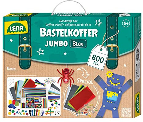 Lena 42665 - Jumbo Bastelkoffer mit 800 Teile in kräftigen Farben, Material zum Basteln, mit Moosgummi, Buntpapier, Pompon, Bänder, Kulleraugen, Holzstiele und vielem mehr, ab 5 Jahre, blau