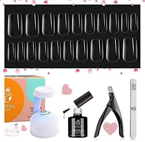 Beetles Easy Gel Tips Nail Extension Kit, 2 In 1 Nail Glue Gel Base Coat with Pre-shaped Medium Square Nails and U V LED Nail Lamp Acrylic Nail Clipper for Gel Art DIY Manicure Fast Nail Extension Set