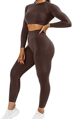 JN JANPRINT Damen Traingsanzug Sport Sets Sportanzüge Jogginganzug Langarm Sport Top und hohe Taille Hosen 2 Stücke Bekleidungssets Yoga Outfit Sportswear Gym Leggings Set(Siegel Braun,M)
