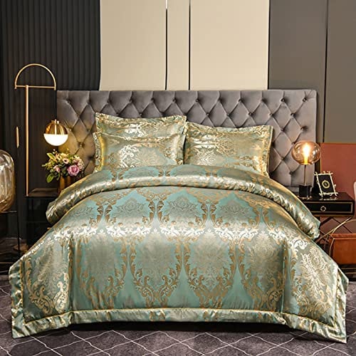 DXHOME Bettwäsche 200x200 Gold Hellgrün Seide Satin Barock Bettbezug Romantisch Jacquard Blumenmuster Luxus Bettwäsche 3-teiliges Set Doppelbett mit Reißverschluss und 2 Kissenbezügen 80x80 cm