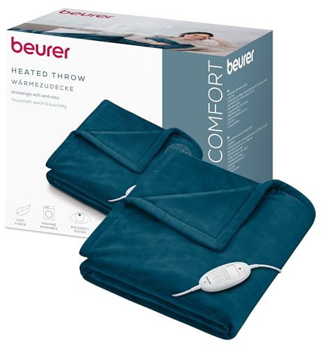Beurer HD 75 Ocean Electric Blanket, Cuddly Soft Heat Blanket, 6 Temperature Settings, Machine Washable, with Automatic Shut-Off and Extra Safe, Teal, 180 x 130 cm