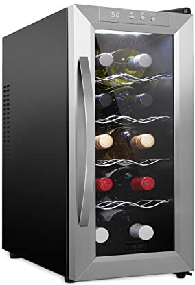 Schmécké 10 Bottle Thermoelectric Wine Cooler/Chiller - Stainless Steel - Counter Top Red & White Wine Cellar w/Digital Temperature, Freestanding Refrigerator Smoked Glass Door Quiet Operation Fridge