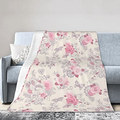 DMORJ Schöne Vintage-Decke mit rosa Blumenmuster, Flanell, Überwurfdecke: >> Bequeme und warme Decke für Bett, Sofa, Couch, Schlafzimmer, 127 x 101 cm