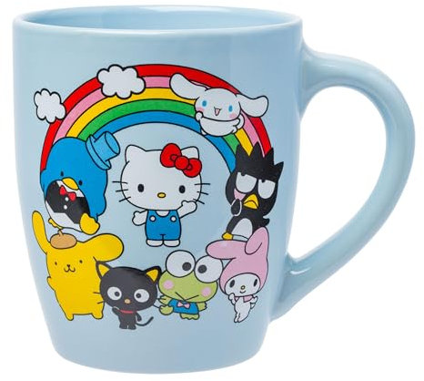Silver Buffalo Sanrio Hello Kitty and Friends Featuring Badtz-Maru, My Melody, Cinnamoroll, Pompompurin, Tuxedo Sam, Keroppi y Chococat Rainbow Jumbo Curved Ceramic Mug, 708.7 g