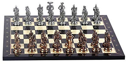 CAZARU Historische spanische königliche Gardefiguren Schachspiel aus Metall handgefertigte Stücke Nussbaum gemustertes Holz Schachbrett König 7 cm