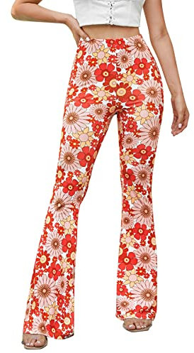 EVELUST Damen 70er Jahre Schlaghose - Hippie Bunte Blumen High Waist Hose Disco Kostüm Abba Outfit Fasching Karneval Festival Rave Pants Flower Power Kleidung Leggings(Red, M, 10501w)