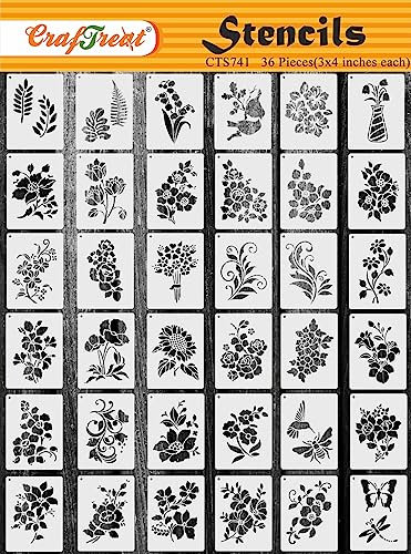 CrafTreat blumen schablonen Set (36 Stück) (3 x 4 Inches) Schablonen zum Malen auf Holz, Wand, Fliesen, Leinwand, Papier, Stoff, und Bodenschablone wiederverwendbare DIY - Kunsthandwerksschablonen