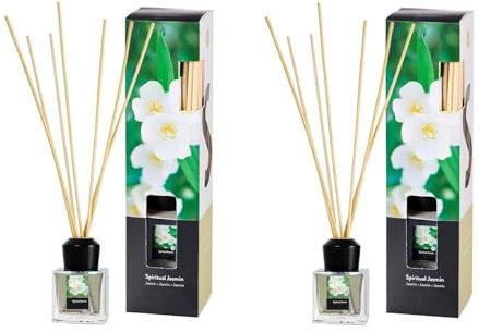 Raumduft im Glas mit Duftstäbchen im 2er-Set – 2x50 ml – für Badezimmer, Hausflur, Wohnzimmer, Küche, Abstellraum – eignet Sich auch als Geschenk zu Weihnachten und Geburtstag (Spiritual Jasmin)