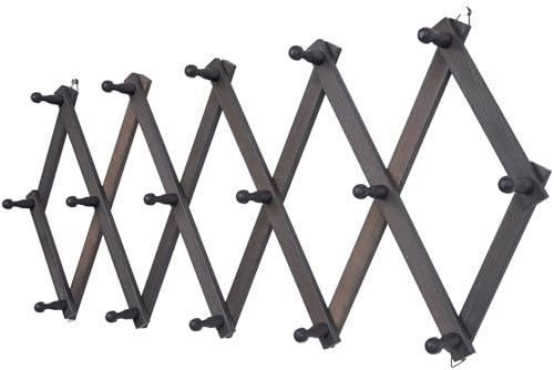 SCUNDA Rustikale Hutablage zur Wandmontage, platzsparendes Akkordeon-Design, erweiterbarer Huthalter mit 16 Holzhaken, moderner Bauernhaus-Wandaufhänger für Tasse, Mantel, Taschen (Shabby Grey)