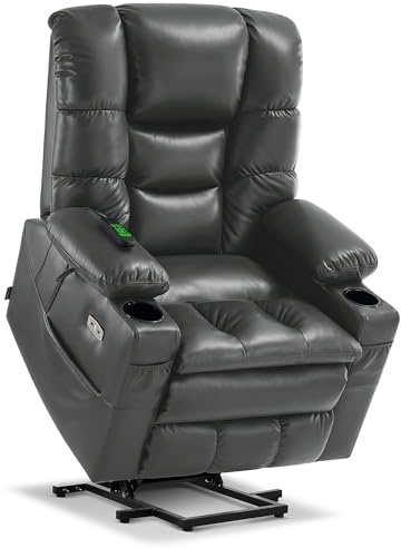 MCombo Triple Motors Electric Riser Recliners Armchairs for Elderly, Lay Flat Sleep Recliners with Massage, Lumbar & Seat Heating, Adjustable Headrest, Faux Leather 7634 (Dark Grey, Large)