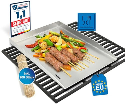 Schwanfeld® 40 x 30cm Plancha Grillplatte - [ESSENS-FALLSCHUTZ & ANTI-HAFT] - inkl. 200 Grillspieße aus Holz - Premium Grillmatte - Gesundes Grillen - Hochwertiger 4mm Edelstahl - Grillplatte Gasgrill
