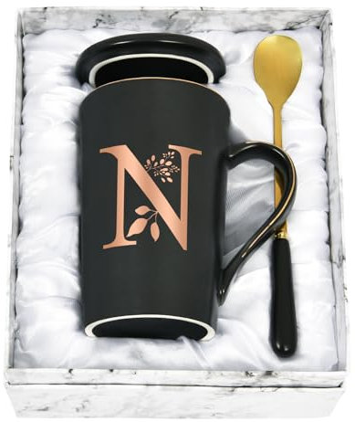 Joymaking Personalisierte Tasse mit Buchstaben Kaffeetasse mit Blumen Motiv, Namen Initiale persönliche Geschenke Kaffeetasse für Frauen Freundin, N - 400ml Schwarz
